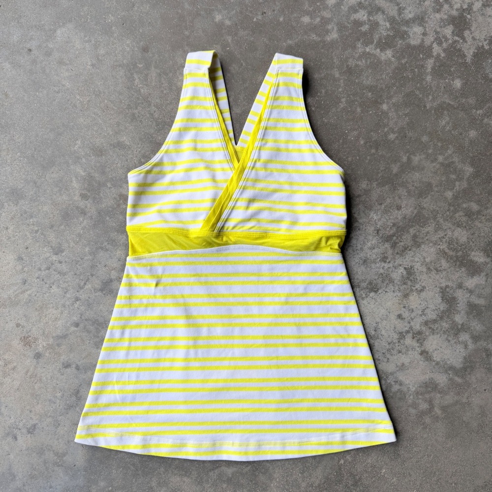 Lululemon Yellow White Striped Tank Top V-Neck Built-in Bra Racerback Small